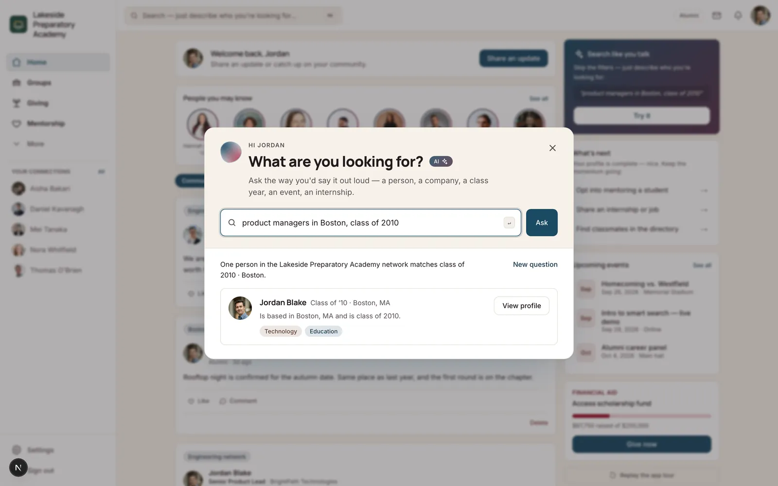 Arcus search asked in plain language — “product managers in Boston, class of 2010” — returning the one member of the demo school who matches.